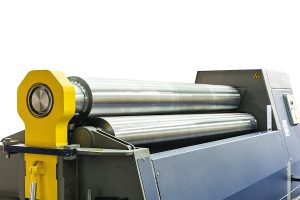 Closeup of cnc metal sheet roll bender machine for steel or stainless sheet plate 