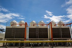 Cooling towers in a data center building. 